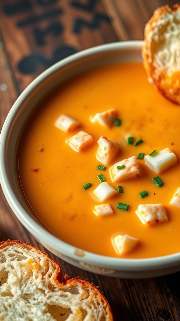 A bowl of creamy lobster bisque garnished with chives, served with crusty bread on a wooden table.